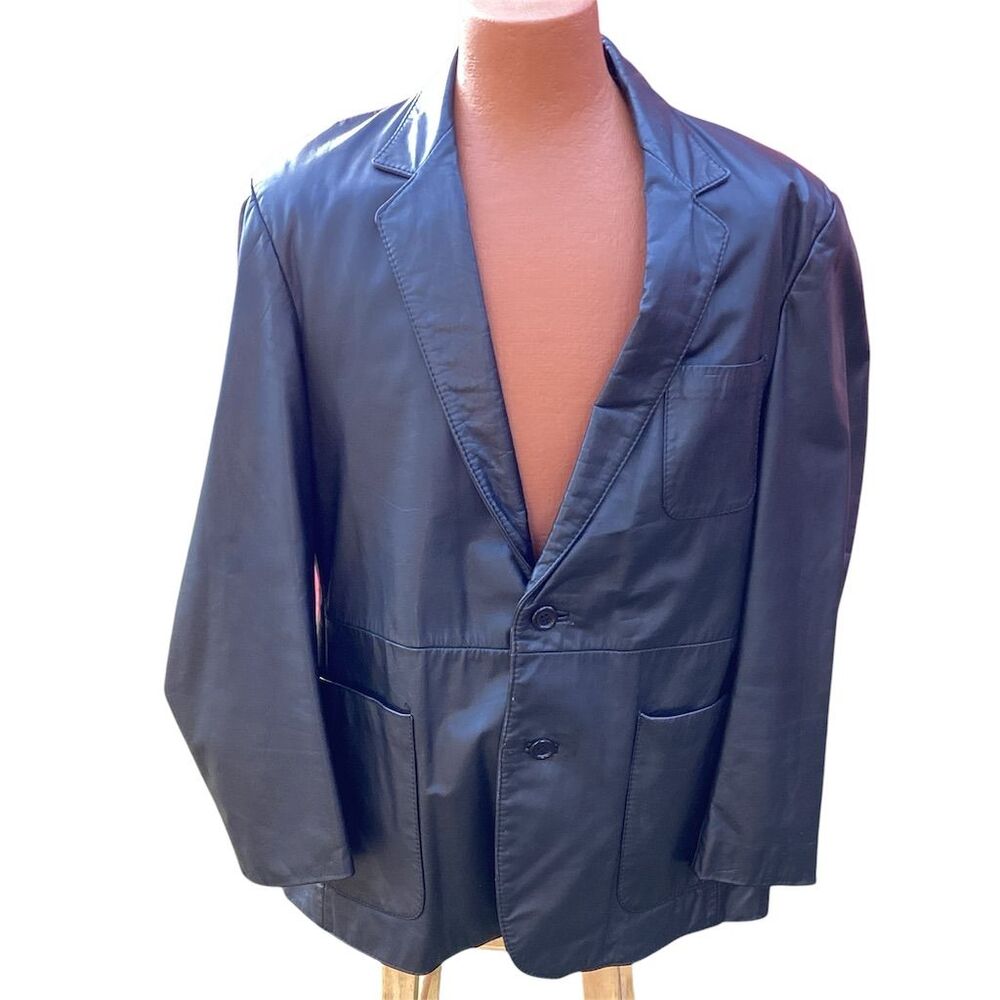 Oleg‎ Cassini Men's Black Leather Overcoat Size 46 Mid-Length Casual